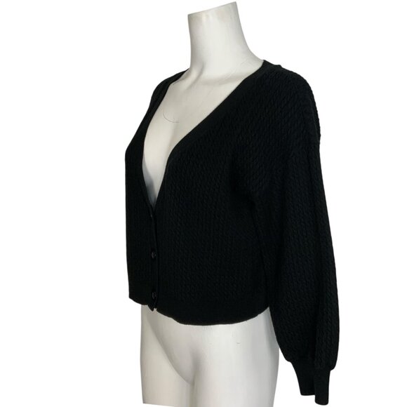 Alice + Olivia Zelina Deep V Cardigan Sweater M Black Cropped Cable Knit - Picture 3 of 12